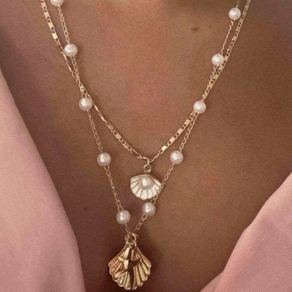 Boho Beachy Pearl and Shell Ocean Necklace Set